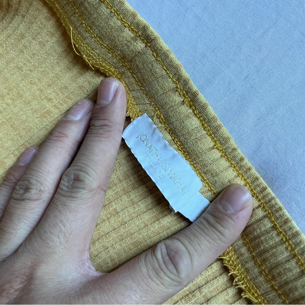 JONATHAN SIMKHAI pale muted‎ mustard yellow rib knit elastic waist midi skirt - Picture 4 of 5
